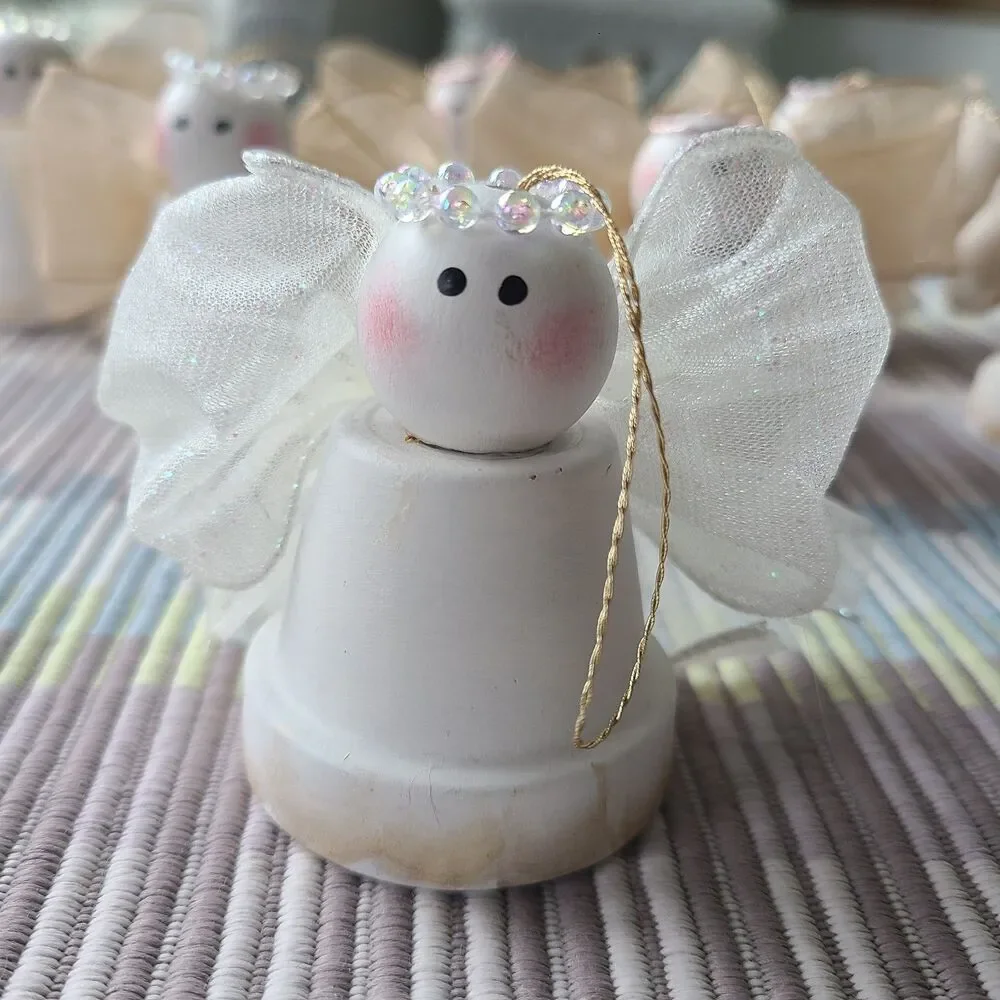 Vintage Handcrafted Mini Clay Pot Holiday Angel Ornaments - Set of 7 - Christmas